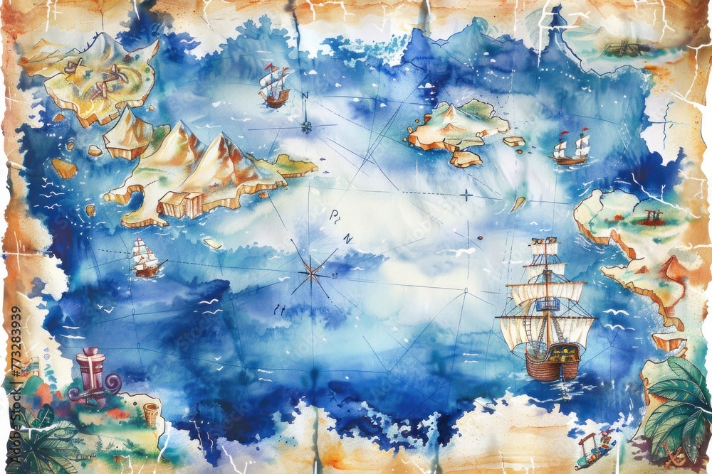 Blue sea with ships old paper antique pirate map treasure hunt ...