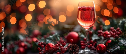  A glass of wine rests atop the table, near a cluster of red berries and a pinecone