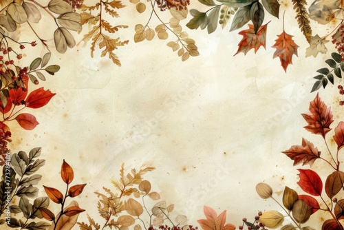 Landscape format autumn colorful watercolor leaves amtique paper background photo