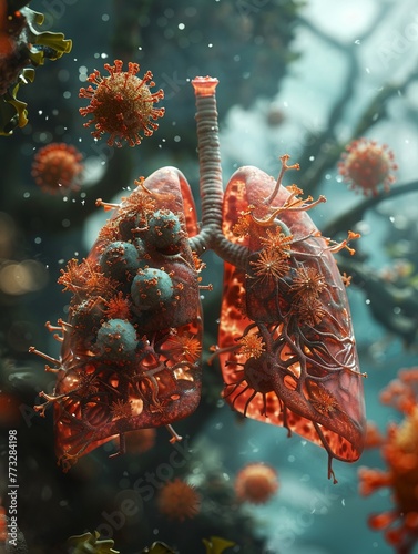 Lungs under attack by viruses, 3D render, detailed anatomy and pathogen illustration