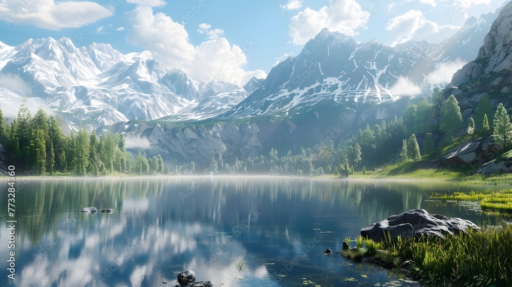 Majestic Mountainous Landscape with Tranquil Reflective Lake in Serene Natural Environment