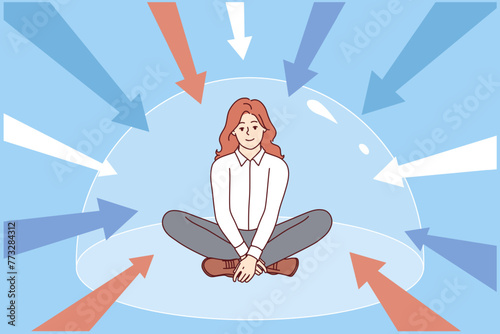 Woman sits in dome protecting from external negative influences, for concept of good mental health. Metaphor of invisible immunity protecting against harmful unwanted interference in personal space