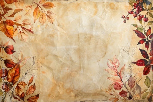Orange autumn leafs on old paper as watercolor illustration in landscape format