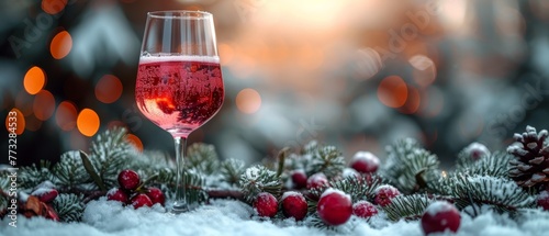  A glass of wine atop a table, near pine cones and berries, stacked with fresh snow