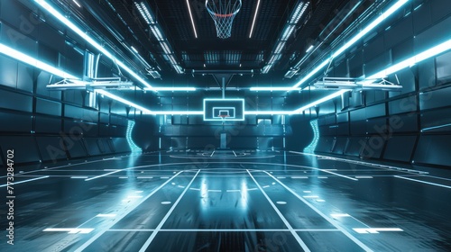 A futuristic basketball court with sleek, metallic backboards and high-tech lighting.  photo