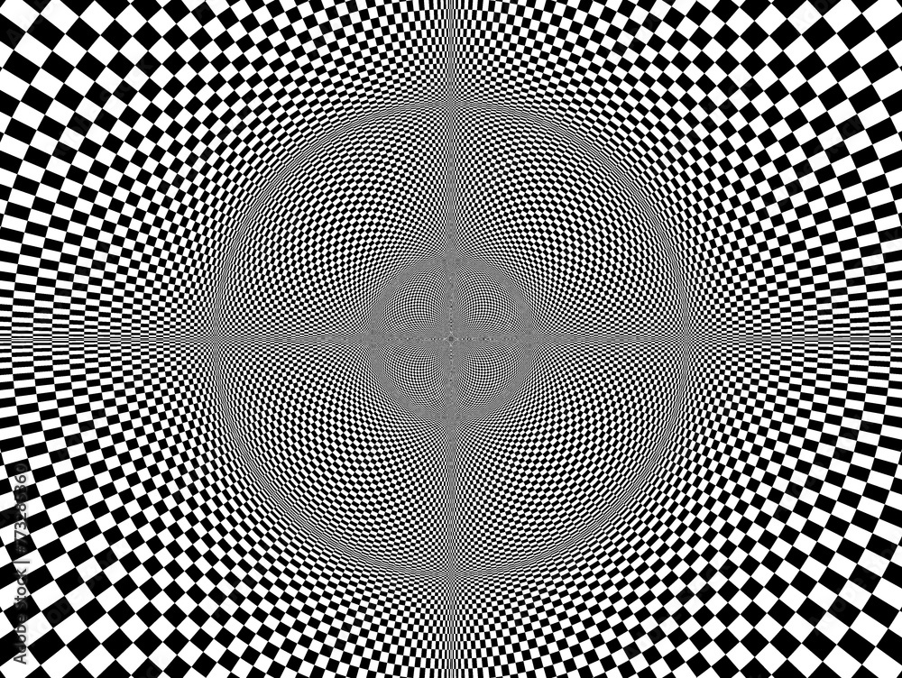 Kulista sferyczna wypukłość osadzona w zagłębieniu przestrzeni 3D w biało - czarnej kolorystyce o teksturze szachownicy. Abstrakcyjne tło - obrazy, fototapety, plakaty 
