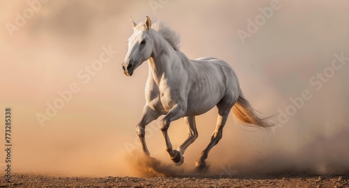  A white horse gallops through a dusty field Dust swirls in the foreground, and a cloud of it rises behind