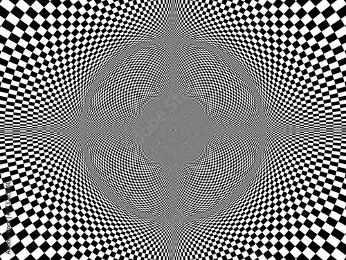 Kulista sferyczna wypukłość osadzona w zagłębieniu przestrzeni 3D w biało - czarnej kolorystyce o teksturze szachownicy. Abstrakcyjne tło © ellaa44