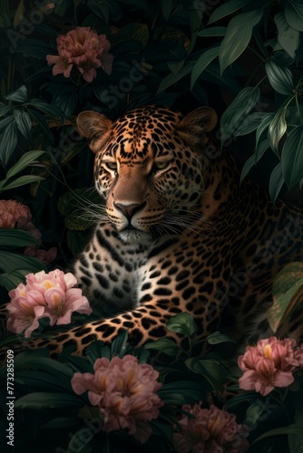   A leopard reclines in a bush  surrounded by flowers against a dark backdrop