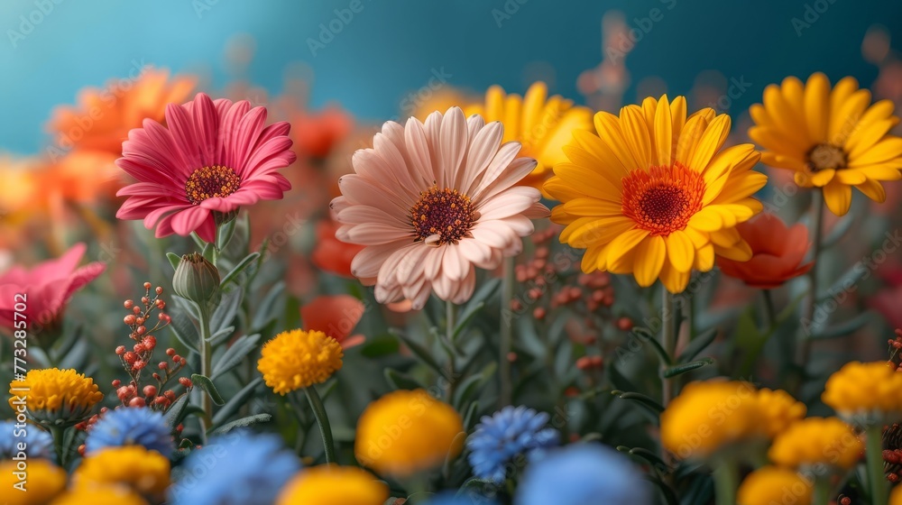 A tight shot of various colored flowers against a blue backdrop Middle section features yellow, pink, orange, and blue blossoms A tight shot of various colored flowers against a blue backdrop Middle section features yellow, pink, orange, and blue blossoms