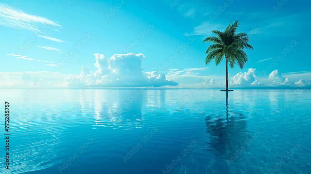 A minimalist landscape featuring a lone palm tree standing on an endless reflective water surface, under a vast sky with fluffy clouds