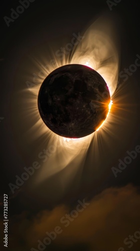 An industrial horizon is transformed as it experiences the dramatic event of a solar eclipse, with the sun's halo encircling the shadowed moon.