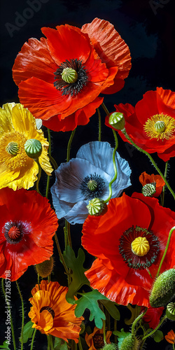 A bouquet of red  yellow  and blue poppy flowers. Floral background