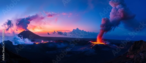 A towering volcano erupts in spectacular fashion, spewing molten lava and ash against a dramatic twilight sky, creating a scene of raw natural power and beauty.