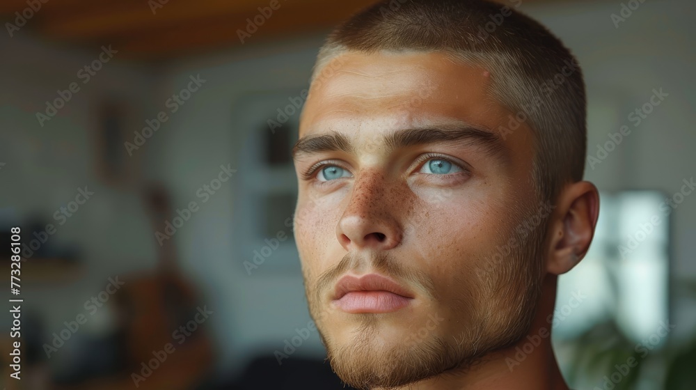   A man's face, sharply focused, overlaid with a blurred reflection in the background