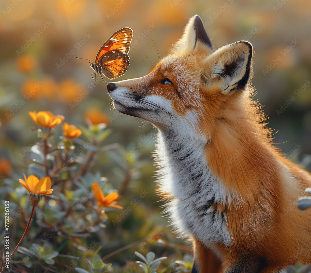 Fototapeta premium Curious Red Fox with Butterfly on Nose in Golden Hour Light, AI Generation