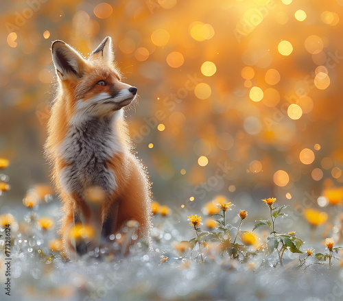 Dreamy Red Fox Looking Upwards in a Field of Wildflowers at Sunset, AI Generation © Гамбит