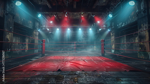 Epic empty boxing ring in the spotlight on the fight nightvibrant stage backdrops,generative ai photo