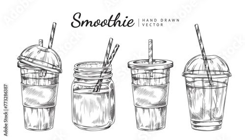 Vector set of smoothie icons in bottles and plastic cups with striped paper tubes in sketch style