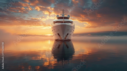 Opulent white yacht reflected in tranquil sea at golden hour