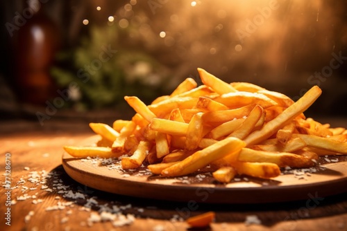 Hearty french fries on a rustic plate against a sandstone background