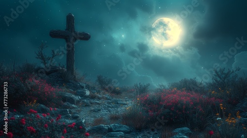   A cross atop a hill against a night backdrop  the full moon casting its light downward  wildflowers adorning the foreground