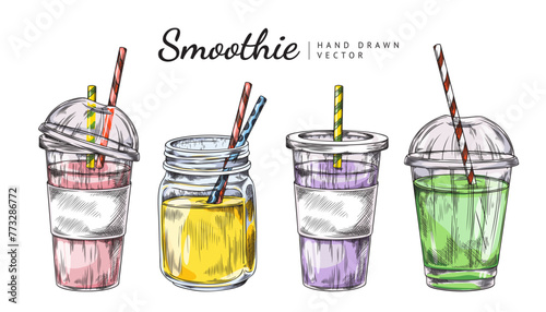 Smoothies cups with straws engraved hand drawn vector set, jar or glass with lid for cocktails, vegetable or fruit juice