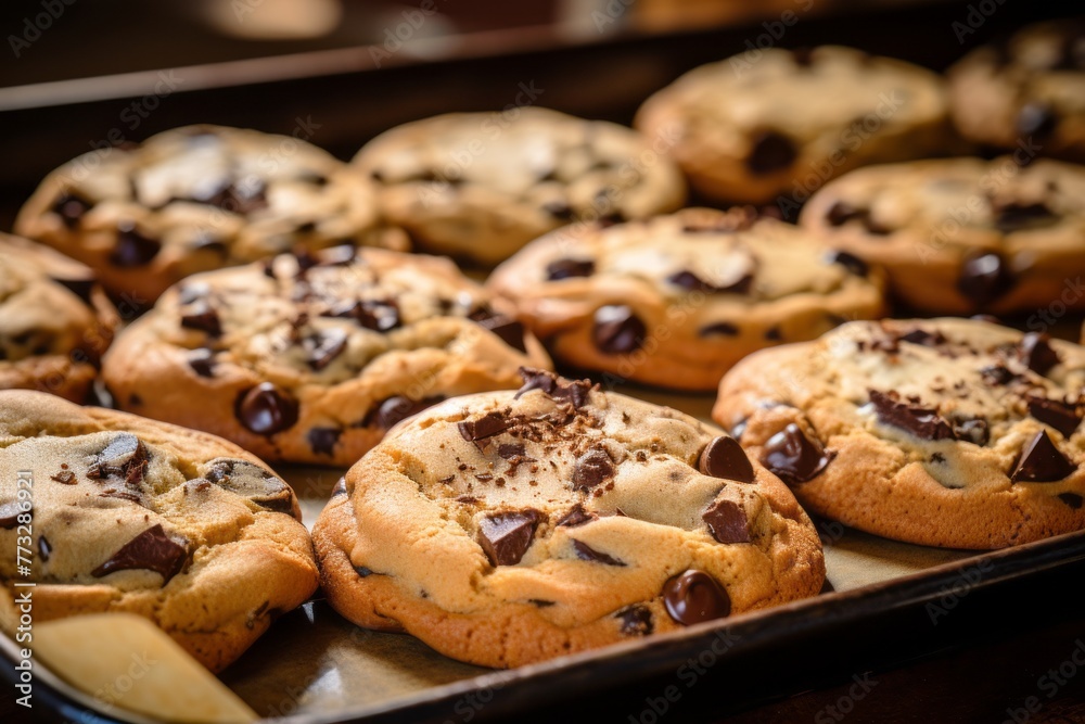 Exquisite chocolate chip cookies on a plastic tray against a sandstone background Exquisite chocolate chip cookies on a plastic tray against a sandstone background