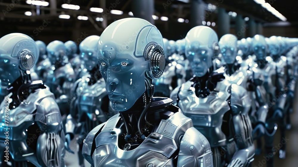 Fototapeta premium Group of cyborgs standing in a row in a factory