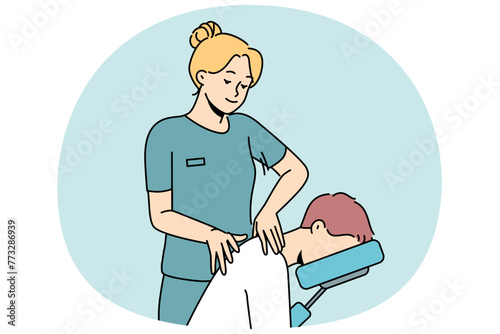 Female masseuse help patient with backache in clinic. Physiotherapist massage client in hospital. Healthcare and physiotherapy. Vector illustration.