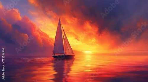  A sailboat painting in the ocean, sunset backdrop, clouds above