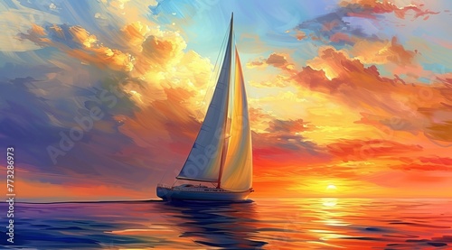  A sailboat painted against a body of water, with the sun sinking in the backdrop