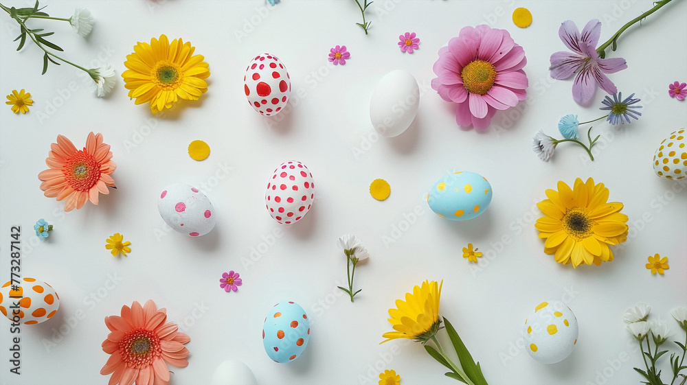 Fototapeta premium Easter poster featuring a pattern of colorful painted eggs and space for text on a white background. Photorealistic.. Beautiful simple AI generated image in 4K, unique.