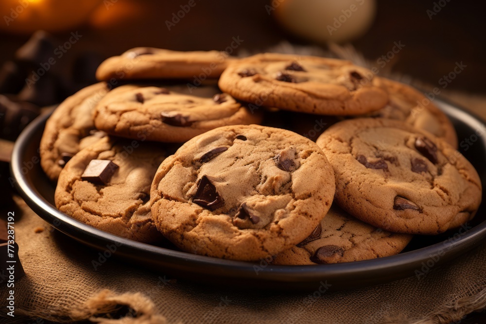 Exquisite chocolate chip cookies on a plastic tray against a sandstone background Exquisite chocolate chip cookies on a plastic tray against a sandstone background