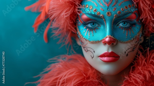  A tight shot of a woman's face adorned with a blue-red mask and red feather headdress