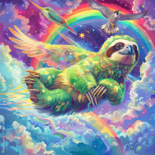 A neon green sloth, defying gravity with rocket boots, zooms past a peregrine falcon in a sky full of rainbows and stars