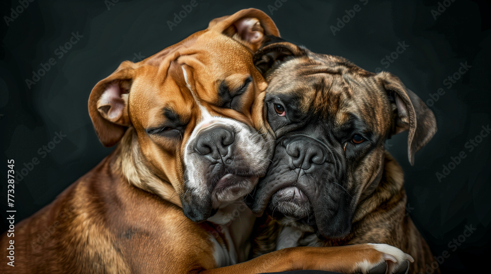 Two dogs are hugging each other. Scene is warm and affectionate. The dogs are brown and black, and they seem to be enjoying each other's company