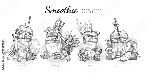 Black and white illustrations of berry and fruit smoothies.