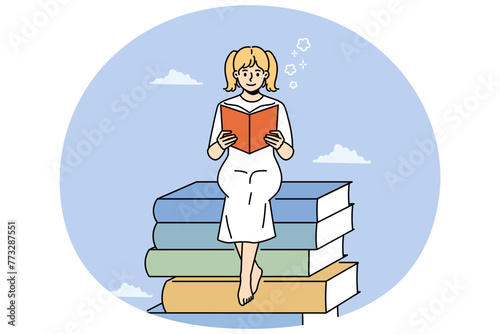 Smiling girl sit on stack of books reading. Happy child on pile of textbooks enjoy literature. Bookworm and education. Vector illustration.