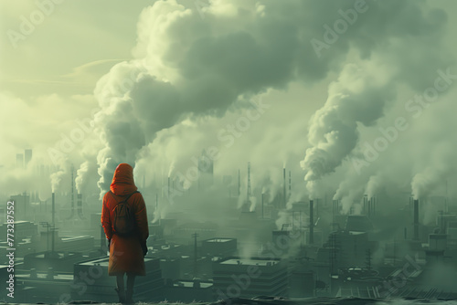 Femme en rouge de dos devant un paysage de ville et d'usines avec beaucoup de fumée et de pollution - cela devient difficile de respirer sur terre photo