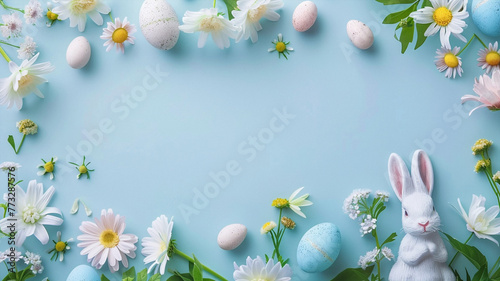 Festive Easter background. Yellow and brown Easter eggs with flowers on a white wooden table. Card with a place for text. Top view. Beautiful simple AI generated image in 4K, unique.