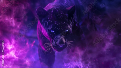 Jungle Night Intrigue: Explore the Mystic Panther's Blue Glow Eyes in the Neon Jungle, a Masterpiece of Wildlife Art that Captures the Intrigue and Elegance of the Predator's Presence