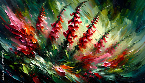 An acrylic painting on a canvas showcasing a frenetic dance of fiery red foxgloves swaying in the wind, the vibrant red flowers resemble flames against a dynamic backdrop of expressive brushstrokes