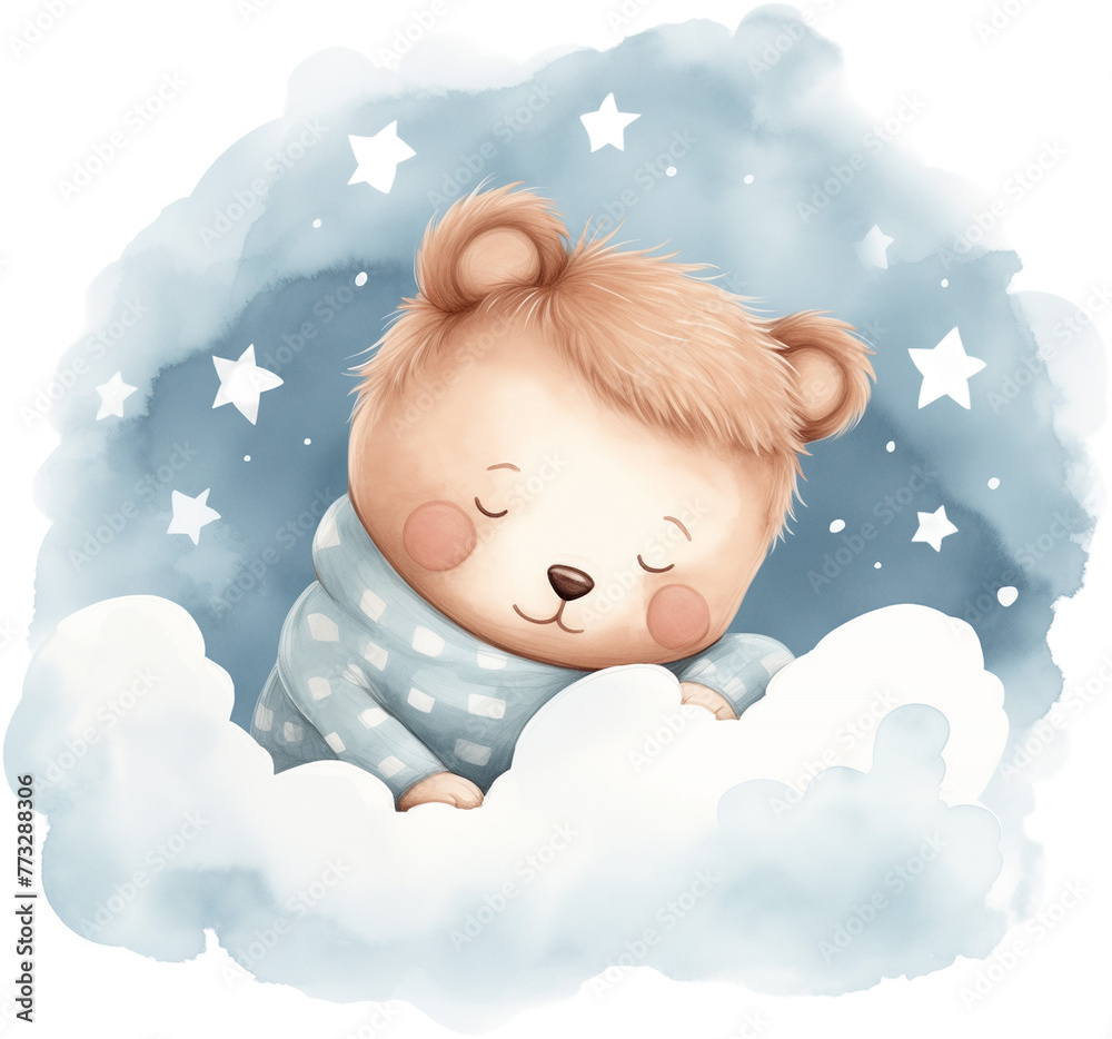 Teddy bear sleeping on the cloud with stars. Generative AI. Teddy bear sleeping on the cloud with stars. Generative AI.