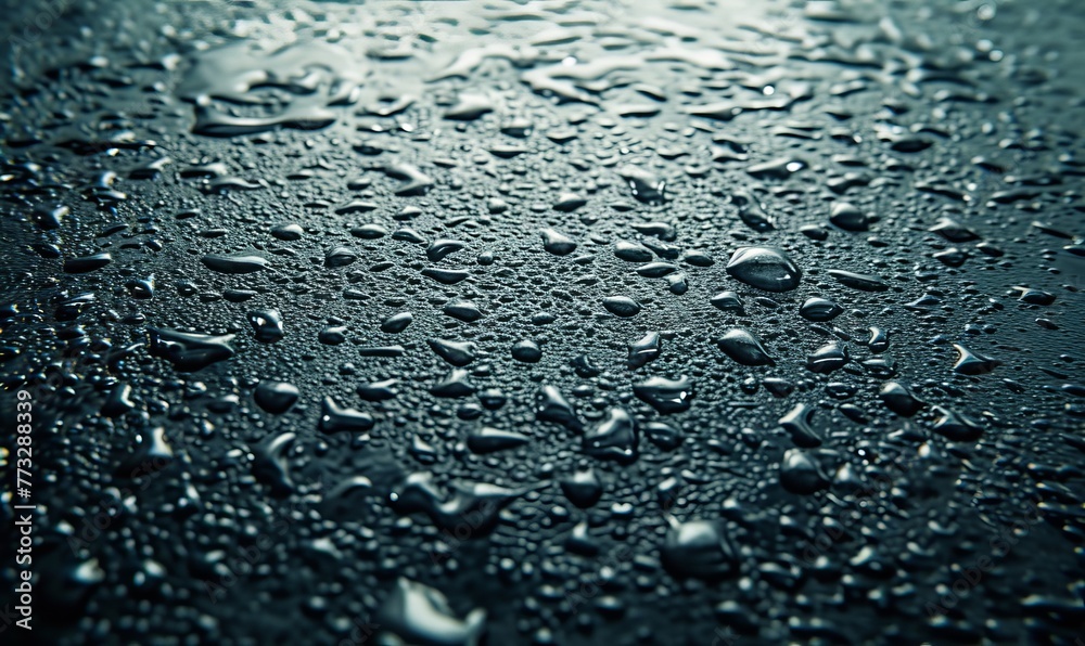 A tight shot of water droplets on a dark background, illuminated by a red light in the image's center A tight shot of water droplets on a dark background, illuminated by a red light in the image's center