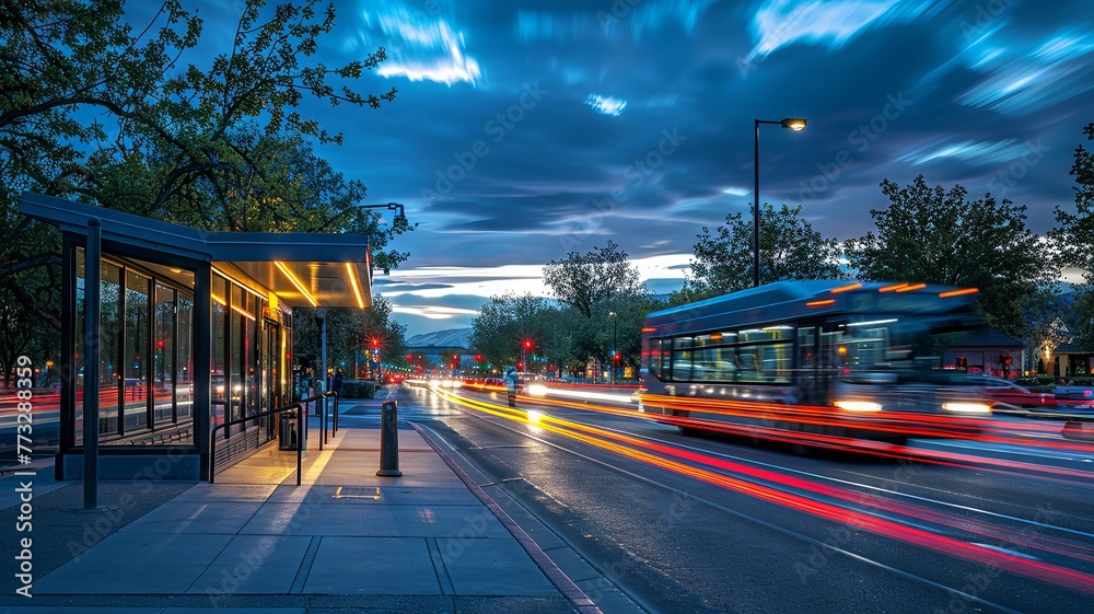Bus stop on a bustling street at dusk with headlights streaking by