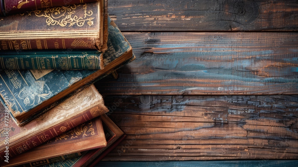 Stack of antique books on a rustic wooden surface. Stack of antique books on a rustic wooden surface.