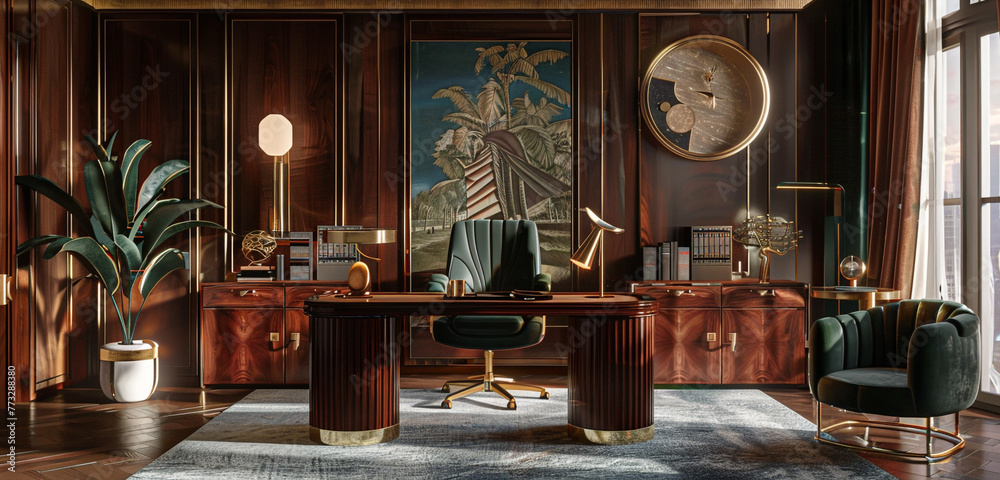 Sophisticated office in mahogany, brass accents, and an art-deco color palette.