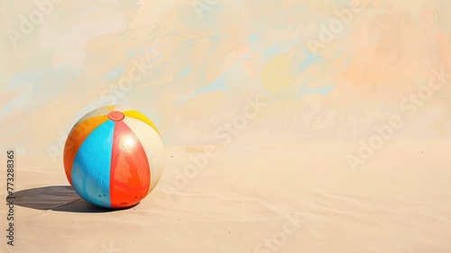 Colorful beach ball on sandy background. photo
