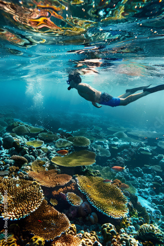Conservationists engaging in snorkeling or diving efforts to safeguard coral reefs and marine biodiversity